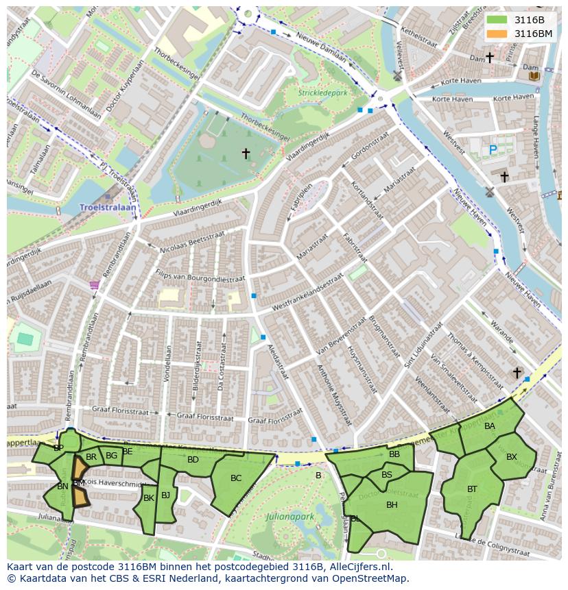 Afbeelding van het postcodegebied 3116 BM op de kaart.