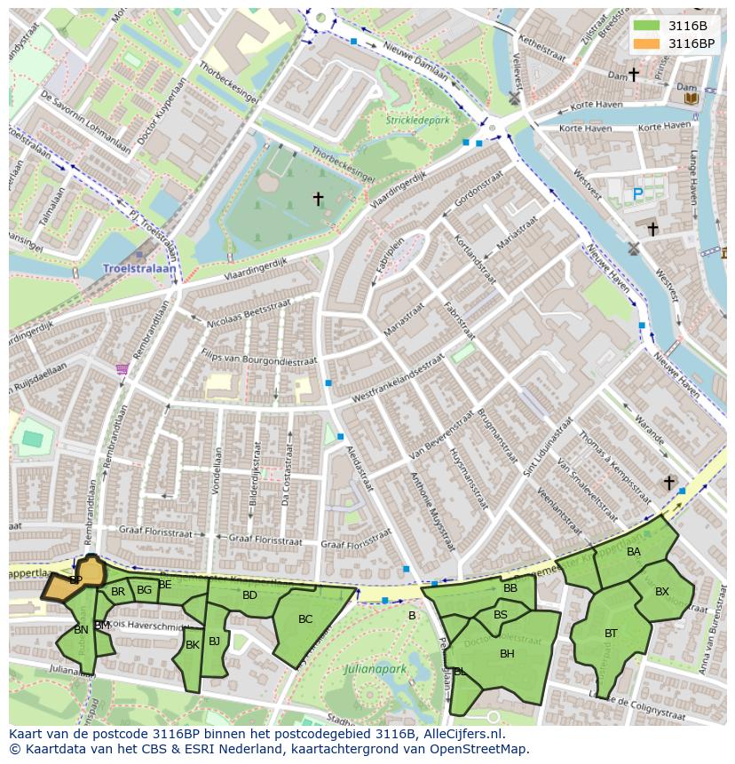 Afbeelding van het postcodegebied 3116 BP op de kaart.