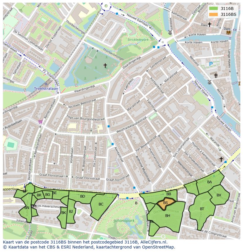 Afbeelding van het postcodegebied 3116 BS op de kaart.