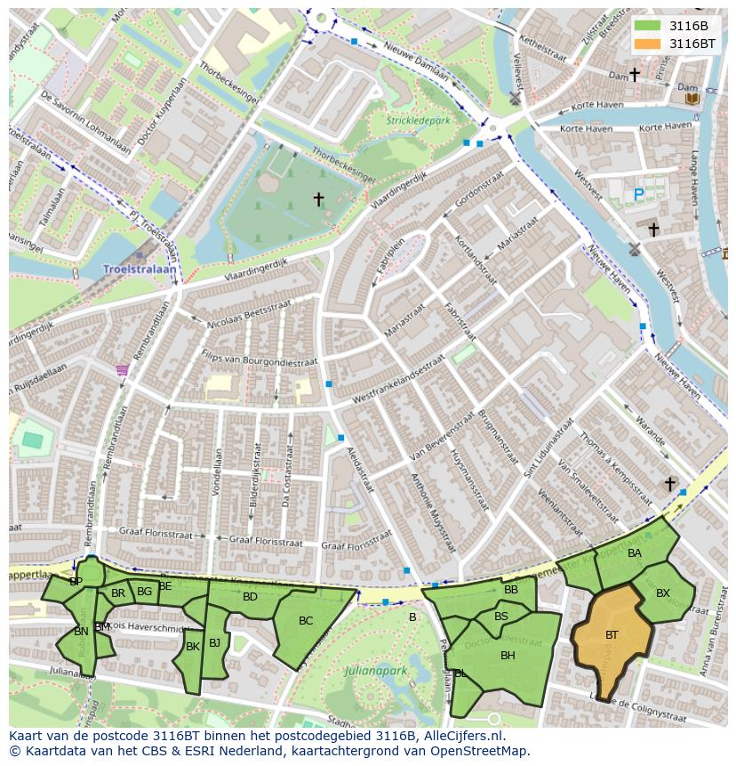 Afbeelding van het postcodegebied 3116 BT op de kaart.