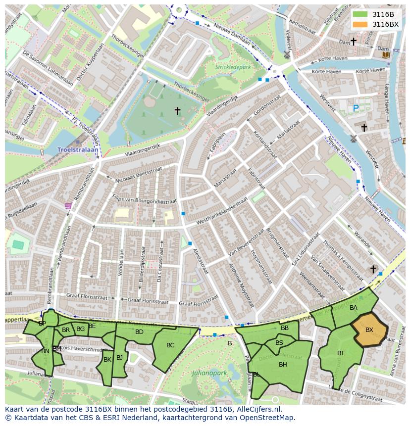 Afbeelding van het postcodegebied 3116 BX op de kaart.