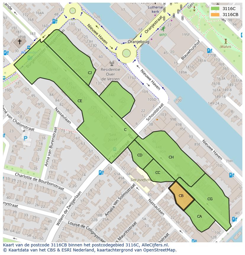 Afbeelding van het postcodegebied 3116 CB op de kaart.