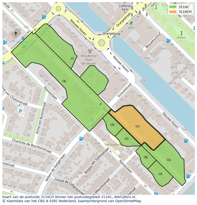Afbeelding van het postcodegebied 3116 CH op de kaart.