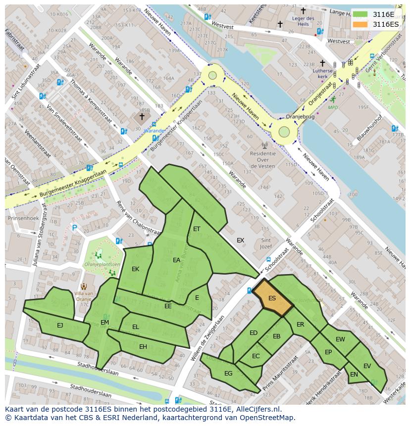 Afbeelding van het postcodegebied 3116 ES op de kaart.