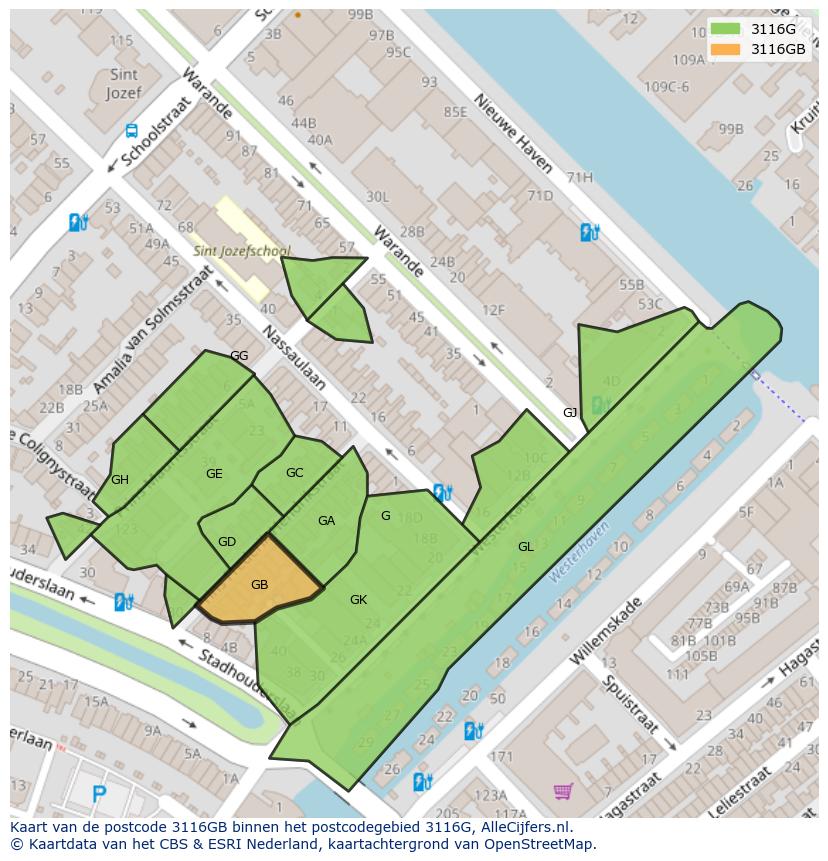 Afbeelding van het postcodegebied 3116 GB op de kaart.