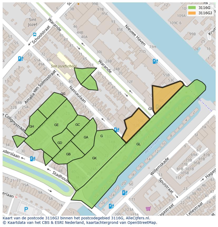 Afbeelding van het postcodegebied 3116 GJ op de kaart.
