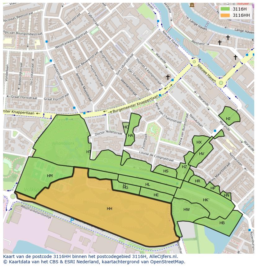 Afbeelding van het postcodegebied 3116 HH op de kaart.