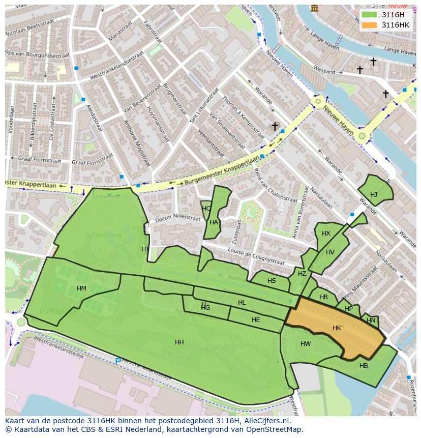 Afbeelding van het postcodegebied 3116 HK op de kaart.