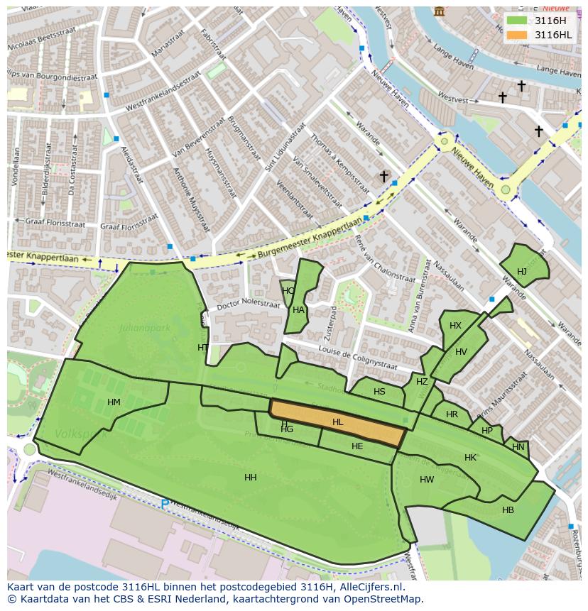 Afbeelding van het postcodegebied 3116 HL op de kaart.