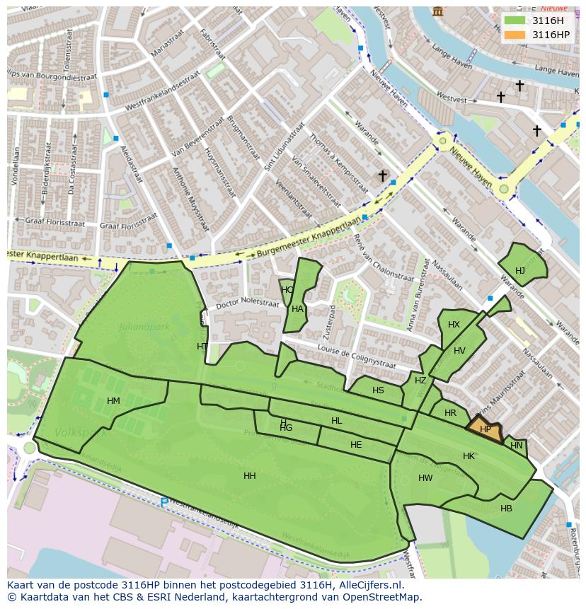Afbeelding van het postcodegebied 3116 HP op de kaart.