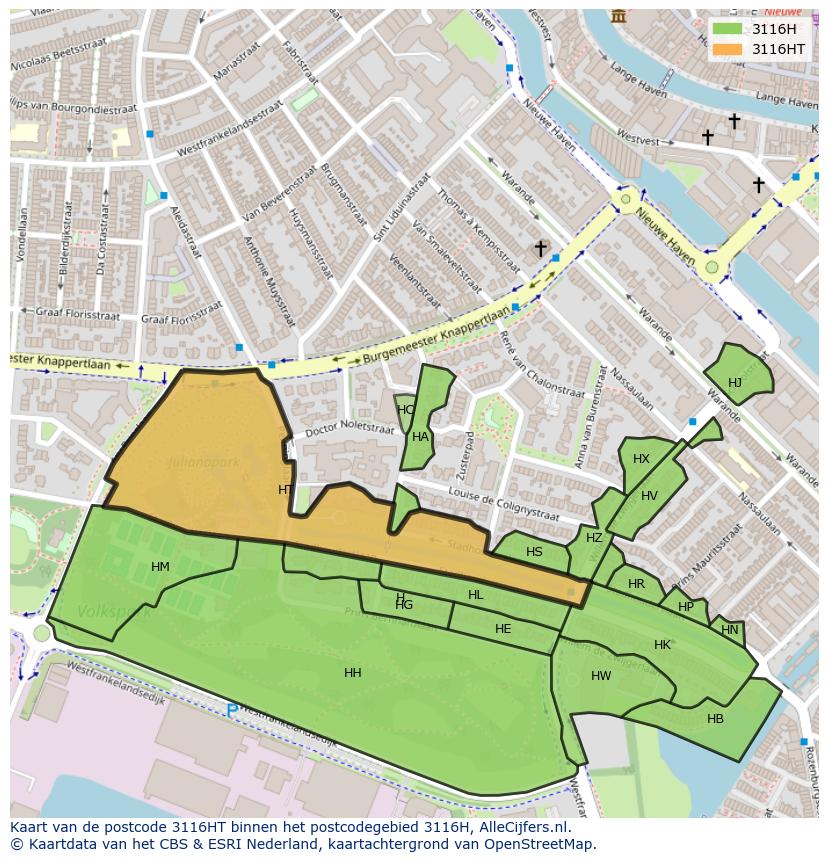 Afbeelding van het postcodegebied 3116 HT op de kaart.