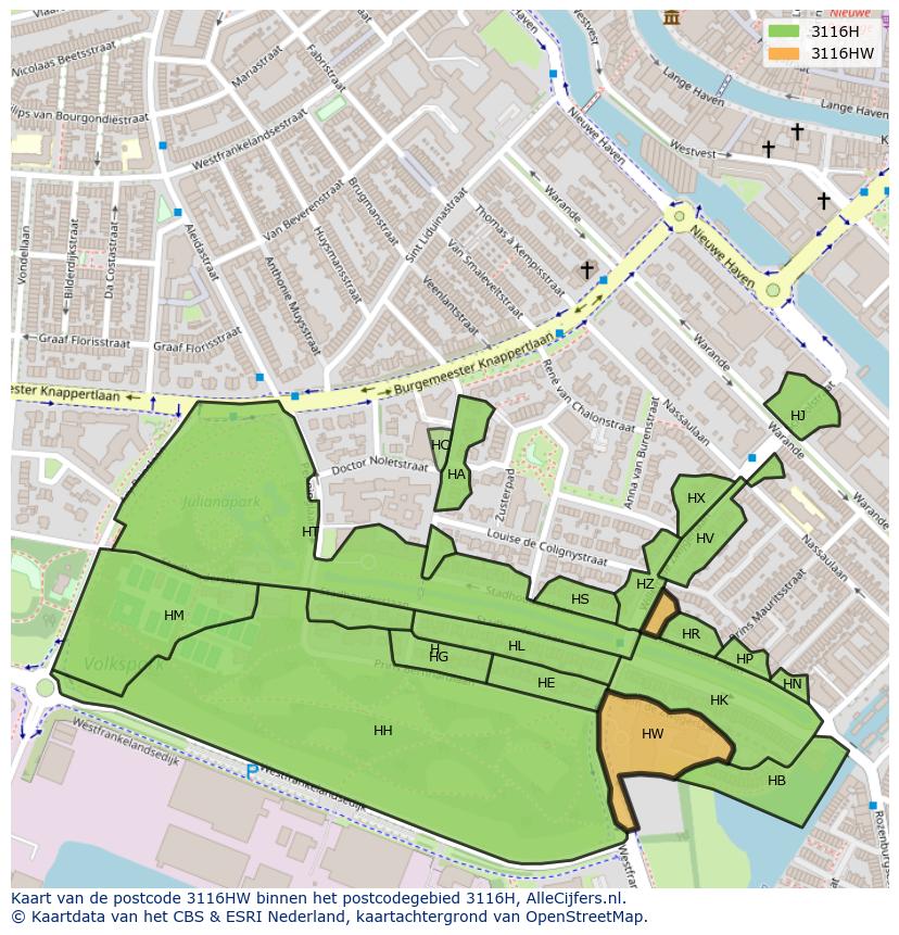 Afbeelding van het postcodegebied 3116 HW op de kaart.