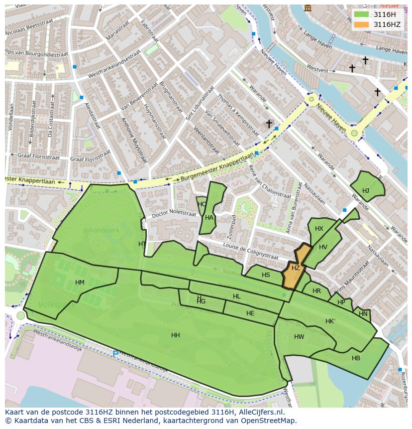 Afbeelding van het postcodegebied 3116 HZ op de kaart.