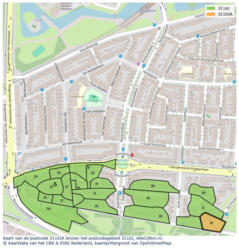 Afbeelding van het postcodegebied 3116 JA op de kaart.
