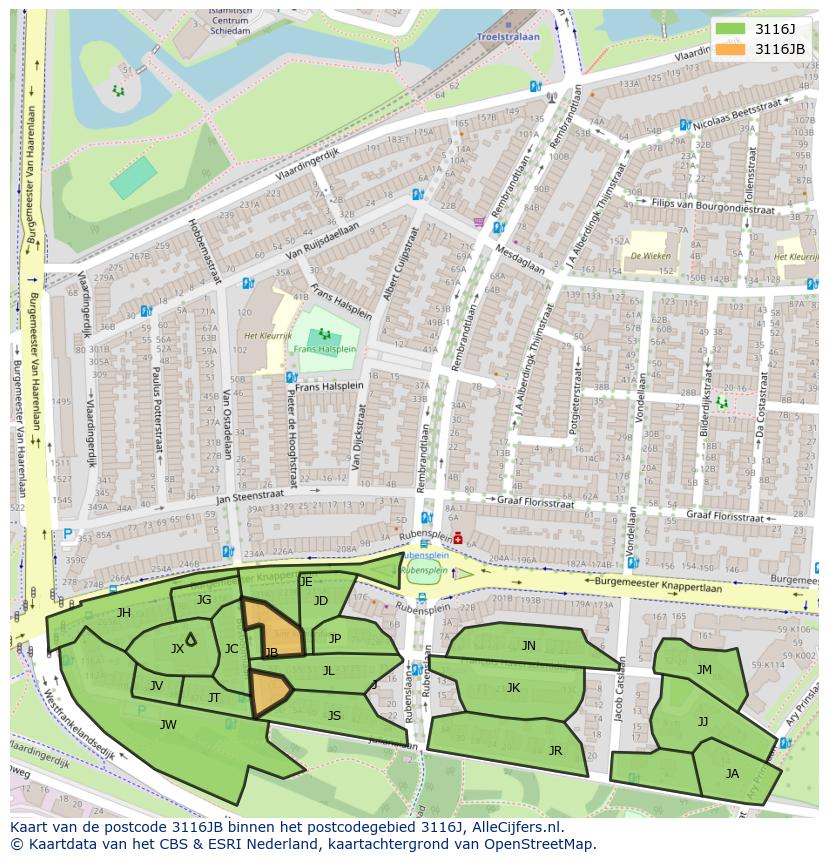 Afbeelding van het postcodegebied 3116 JB op de kaart.
