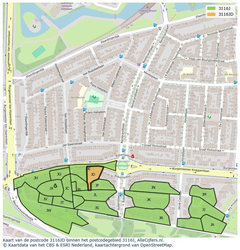 Afbeelding van het postcodegebied 3116 JD op de kaart.