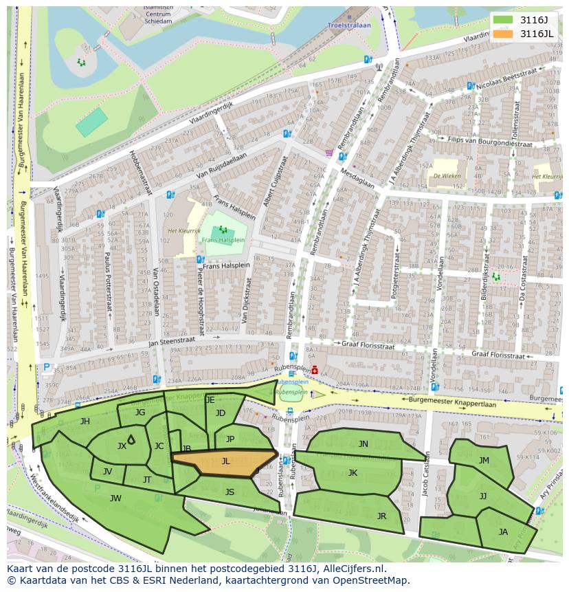 Afbeelding van het postcodegebied 3116 JL op de kaart.