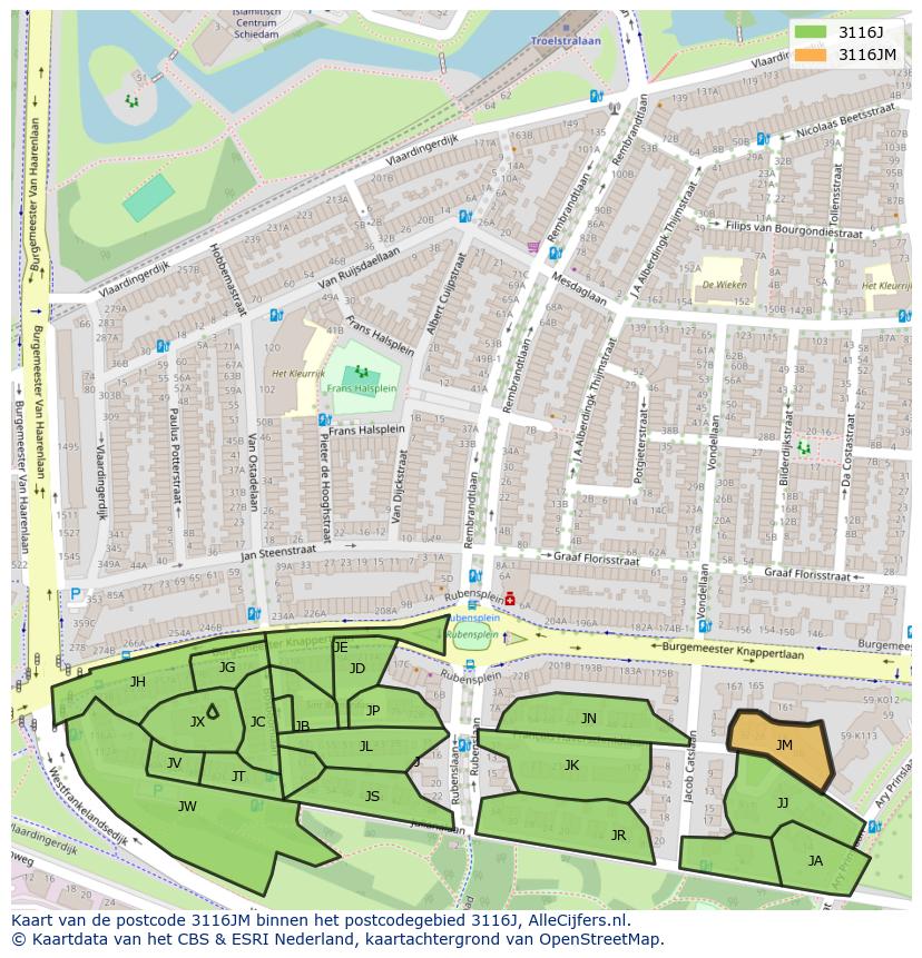 Afbeelding van het postcodegebied 3116 JM op de kaart.