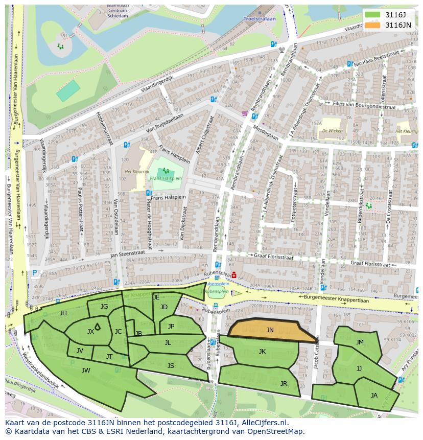 Afbeelding van het postcodegebied 3116 JN op de kaart.