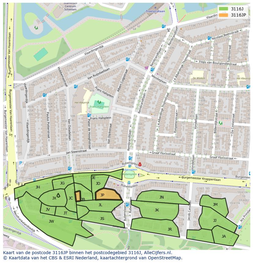 Afbeelding van het postcodegebied 3116 JP op de kaart.