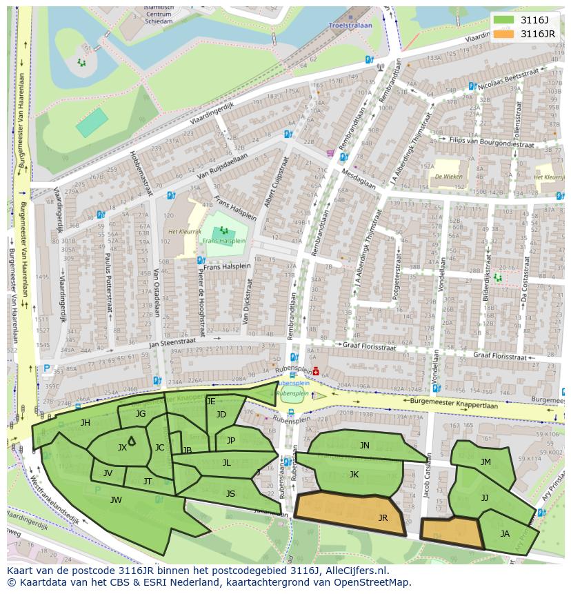 Afbeelding van het postcodegebied 3116 JR op de kaart.