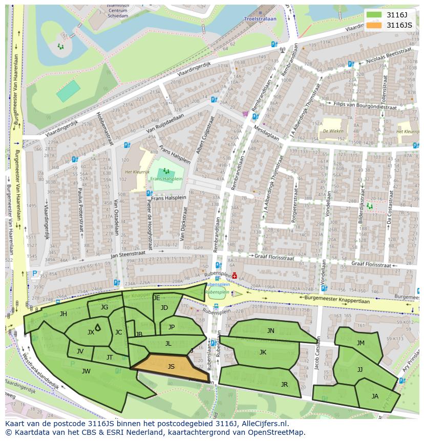 Afbeelding van het postcodegebied 3116 JS op de kaart.