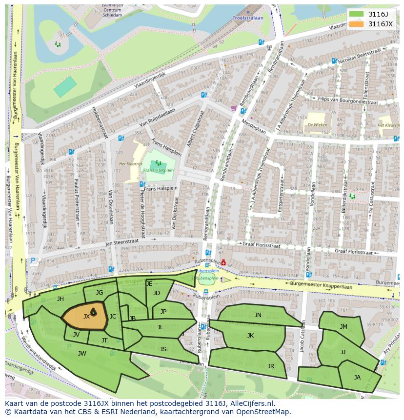 Afbeelding van het postcodegebied 3116 JX op de kaart.