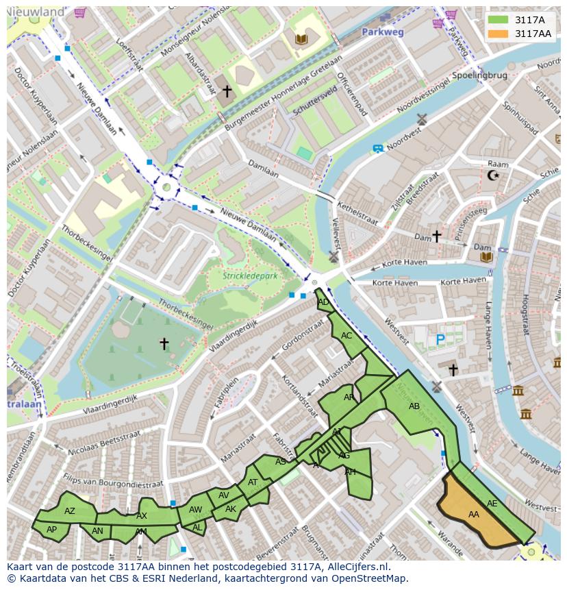 Afbeelding van het postcodegebied 3117 AA op de kaart.