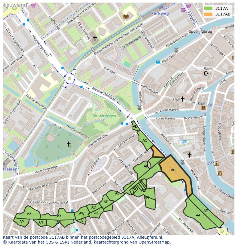 Afbeelding van het postcodegebied 3117 AB op de kaart.