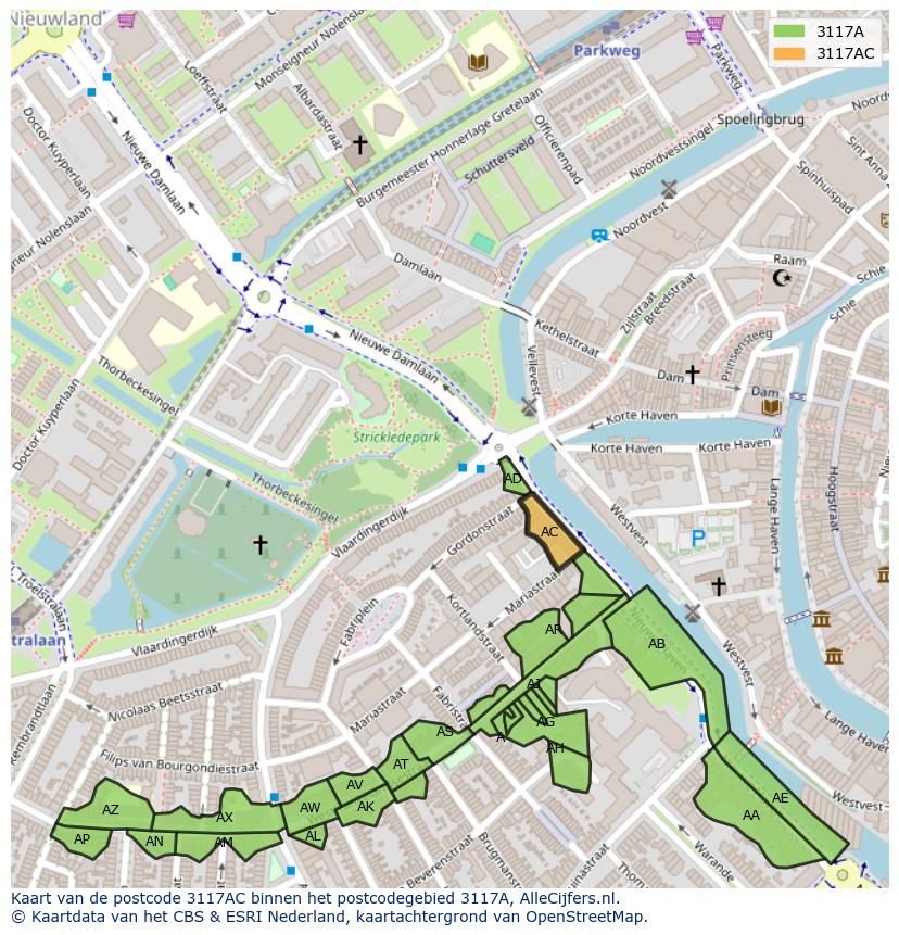 Afbeelding van het postcodegebied 3117 AC op de kaart.