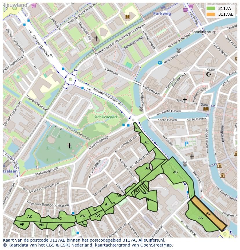 Afbeelding van het postcodegebied 3117 AE op de kaart.