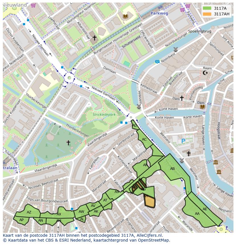 Afbeelding van het postcodegebied 3117 AH op de kaart.