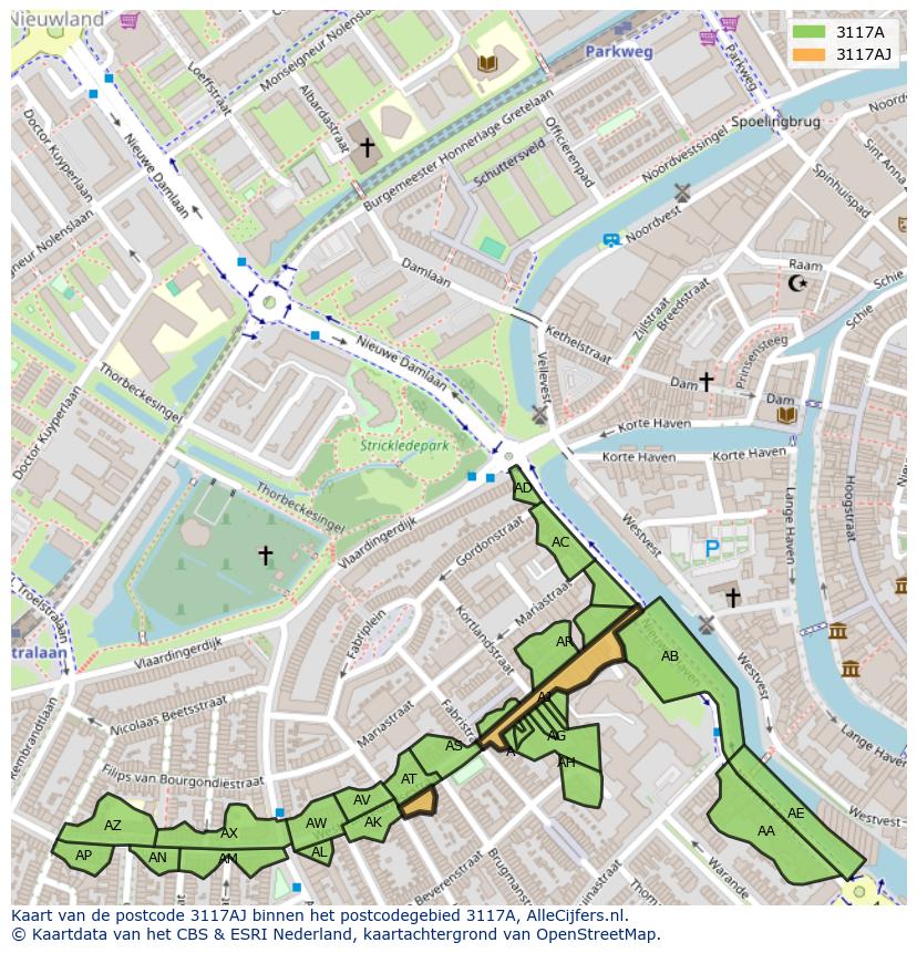 Afbeelding van het postcodegebied 3117 AJ op de kaart.