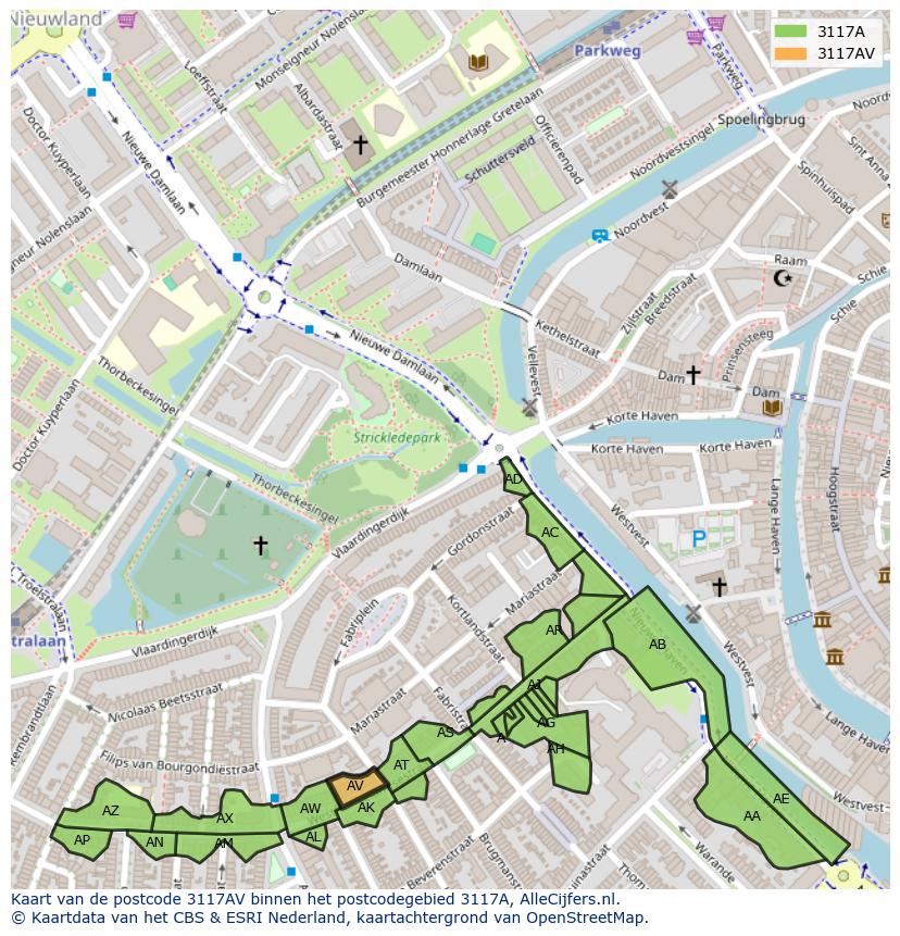 Afbeelding van het postcodegebied 3117 AV op de kaart.