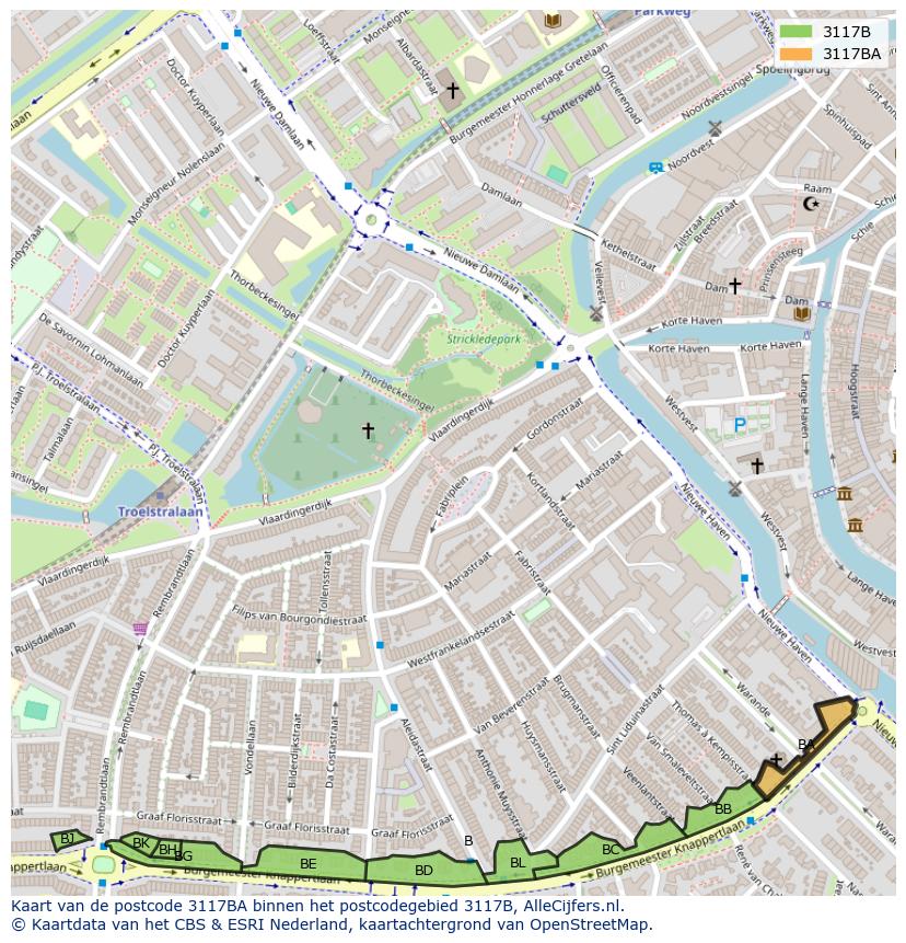 Afbeelding van het postcodegebied 3117 BA op de kaart.