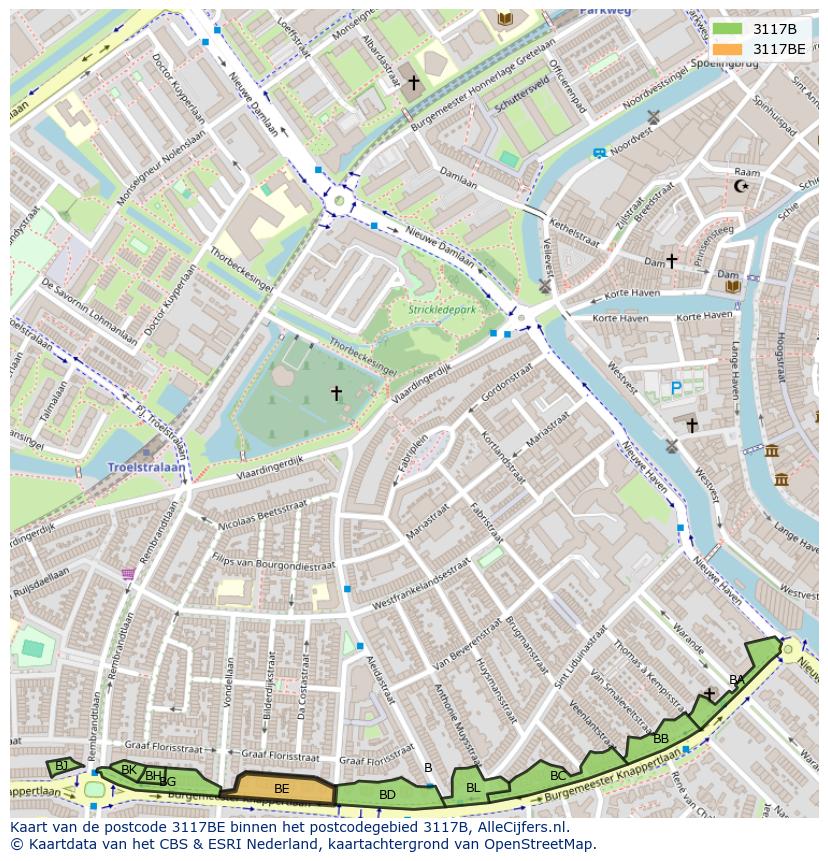 Afbeelding van het postcodegebied 3117 BE op de kaart.