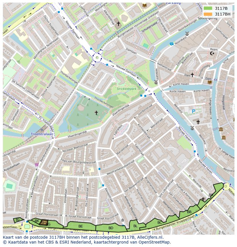 Afbeelding van het postcodegebied 3117 BH op de kaart.