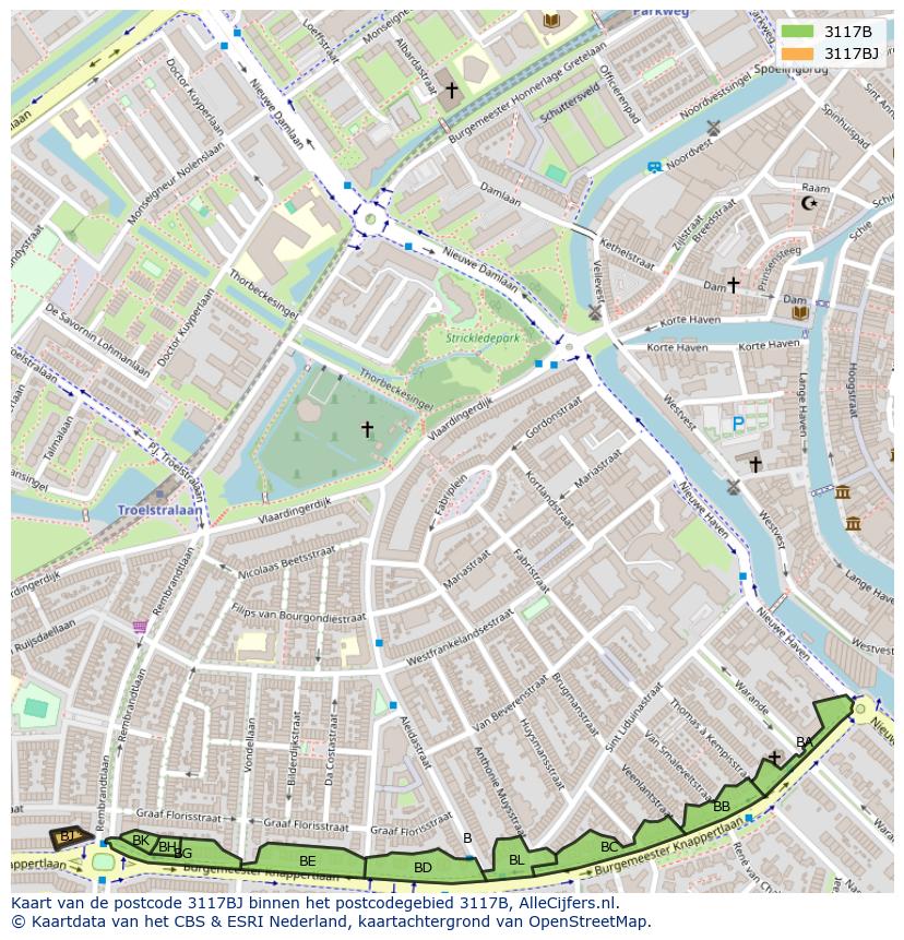 Afbeelding van het postcodegebied 3117 BJ op de kaart.