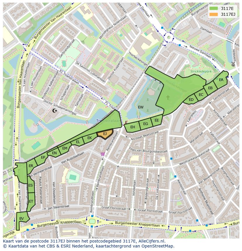 Afbeelding van het postcodegebied 3117 EJ op de kaart.