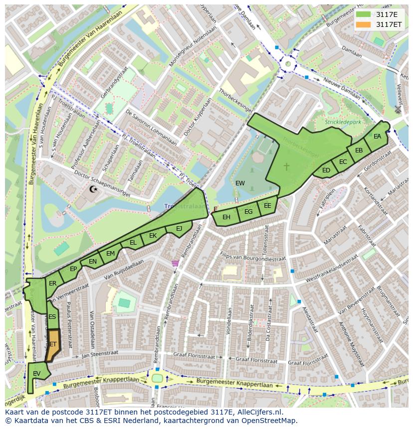 Afbeelding van het postcodegebied 3117 ET op de kaart.