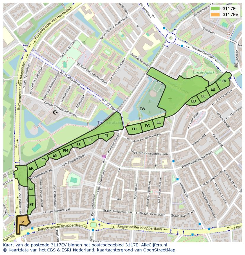 Afbeelding van het postcodegebied 3117 EV op de kaart.