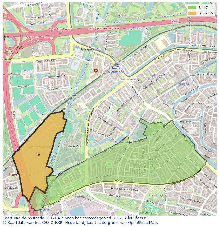 Afbeelding van het postcodegebied 3117 HA op de kaart.