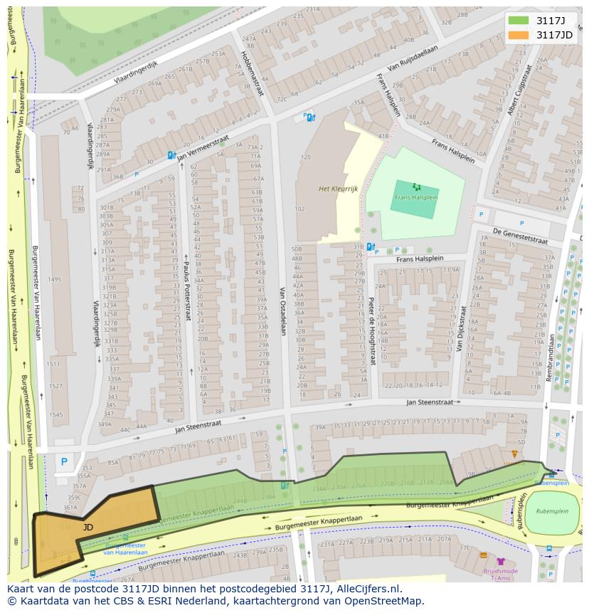 Afbeelding van het postcodegebied 3117 JD op de kaart.