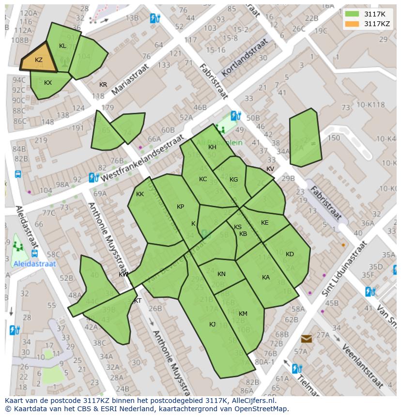 Afbeelding van het postcodegebied 3117 KZ op de kaart.