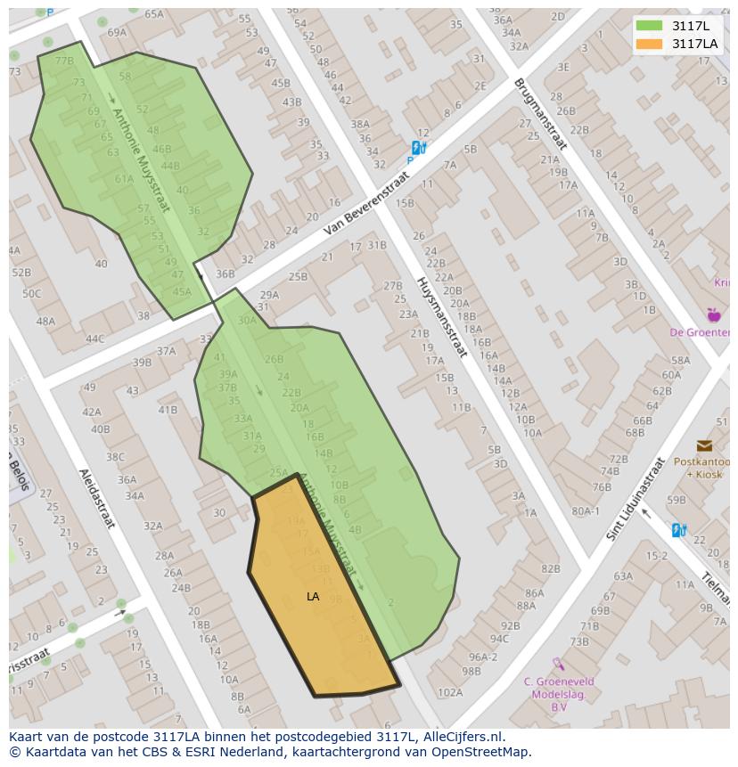 Afbeelding van het postcodegebied 3117 LA op de kaart.