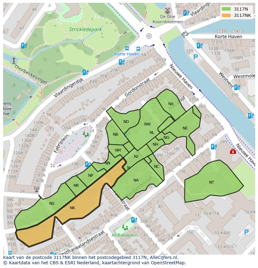Afbeelding van het postcodegebied 3117 NK op de kaart.