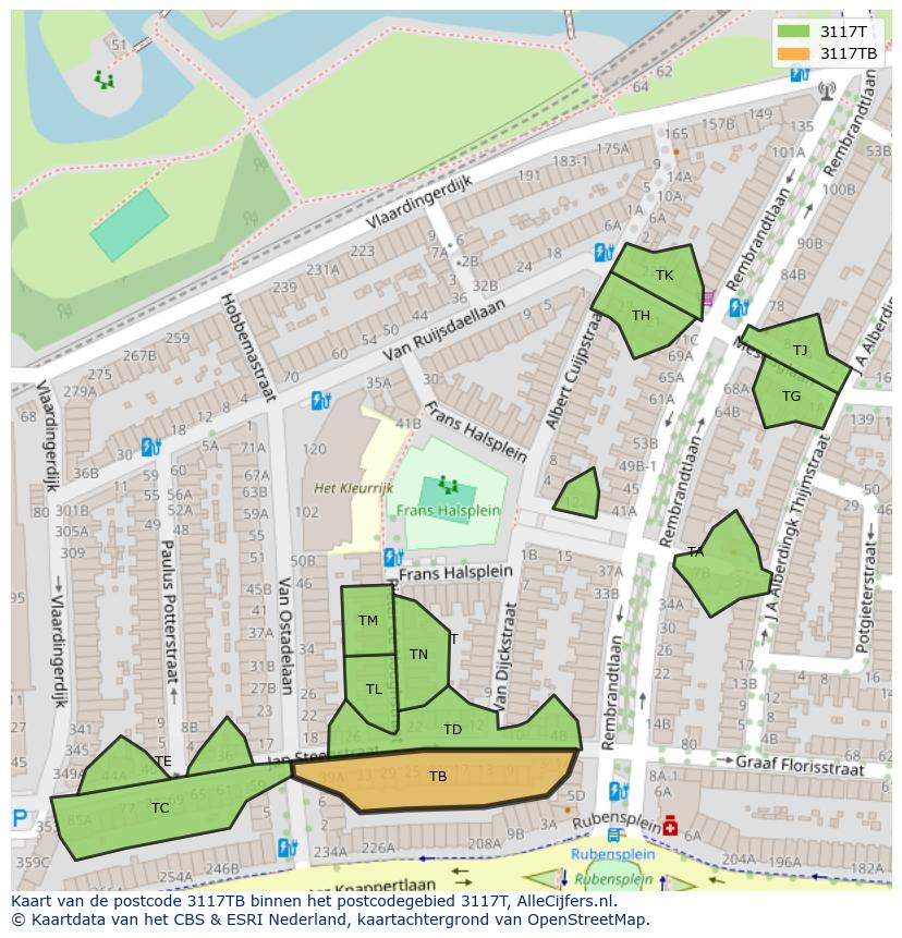 Afbeelding van het postcodegebied 3117 TB op de kaart.
