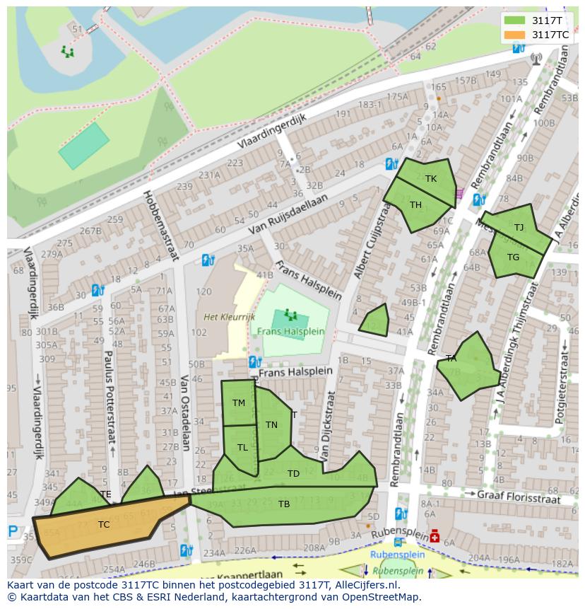 Afbeelding van het postcodegebied 3117 TC op de kaart.