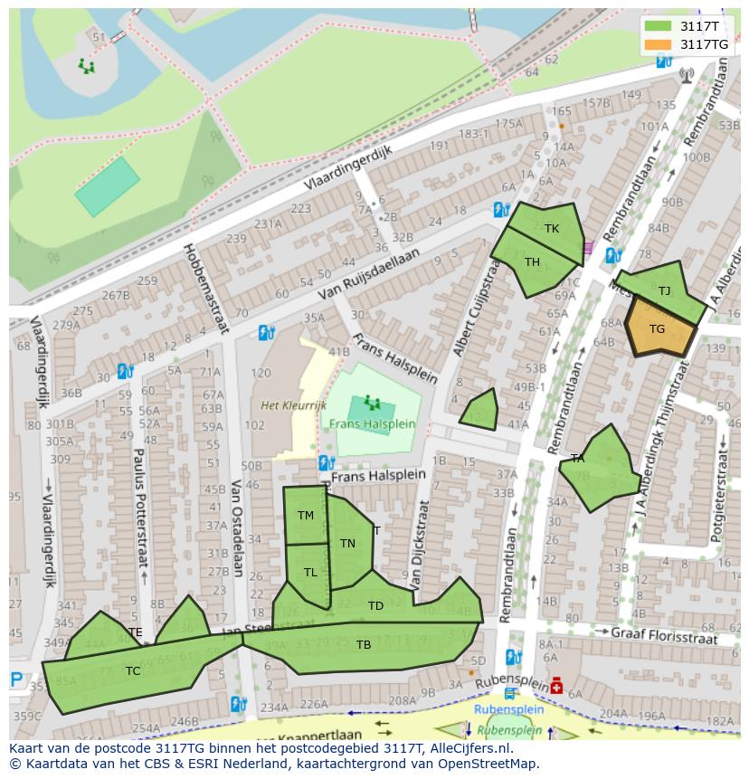 Afbeelding van het postcodegebied 3117 TG op de kaart.