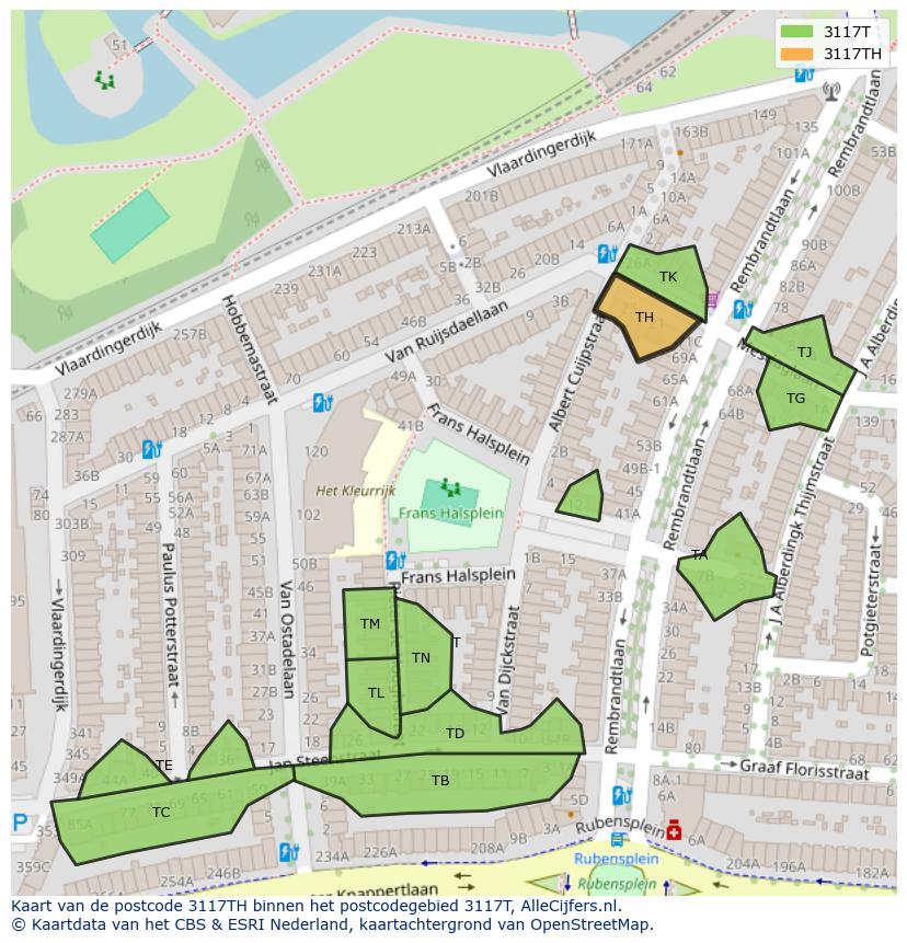 Afbeelding van het postcodegebied 3117 TH op de kaart.